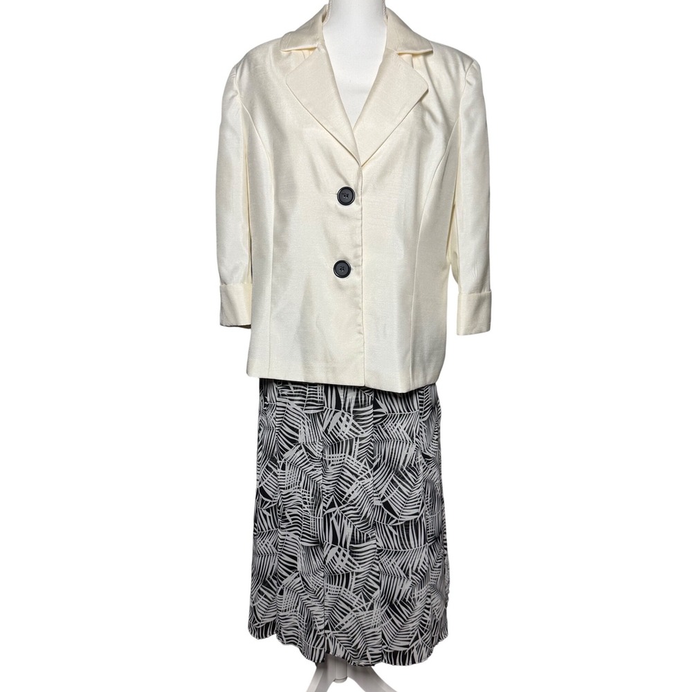 Allyson Cara Skirt Suit Set 18 Cream Black White Palm Print Good 3/4 Sleeve
